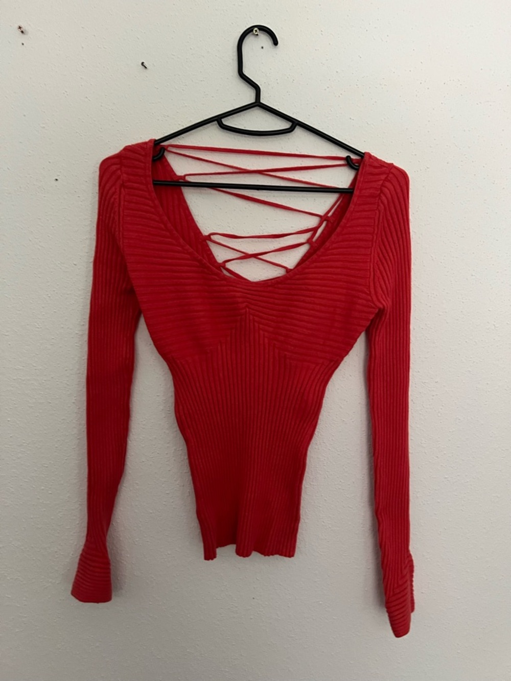 Moda International Red Ribbed Lace-Back Long Sleeve Top